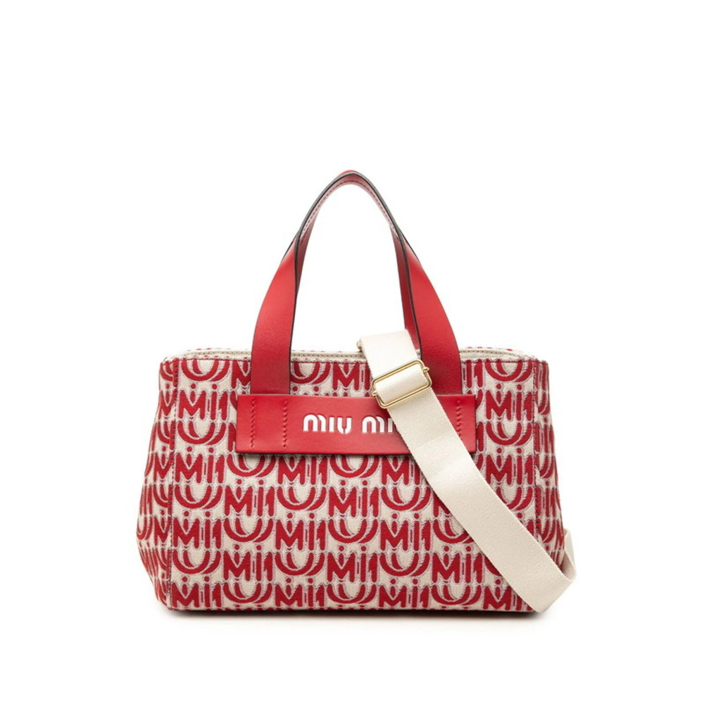 Miu Miu Miu Canapa Jacquard Handbag Shoulder Bag 2WAY 5BA085 Red Canvas Leath... - Picture 1 of 6